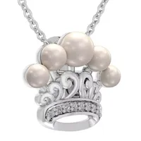 Womens White Cultured Freshwater Pearl Sterling Silver Crown Pendant Necklace