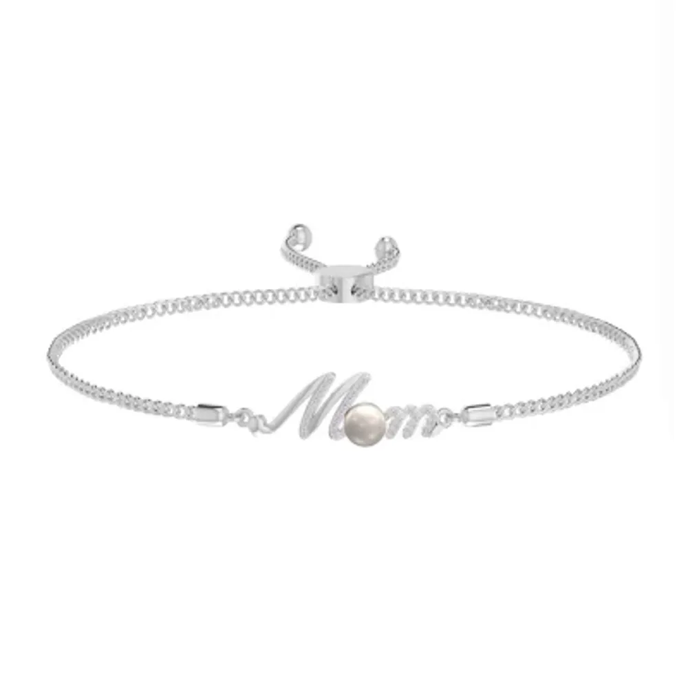 "Mom" Diamond Accent White Cultured Freshwater Pearl Sterling Silver Bolo Bracelet