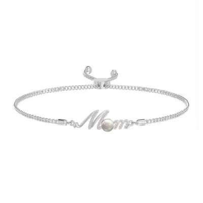 "Mom" Diamond Accent White Cultured Freshwater Pearl Sterling Silver Bolo Bracelet