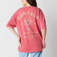 New World Juniors Montauk Hamptons Social Club Oversized Tee Womens Crew Neck Short Sleeve Graphic T-Shirt