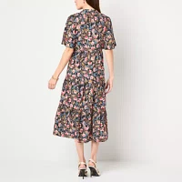 Jessica Howard Womens Short Sleeve Floral Midi Fit + Flare Dress