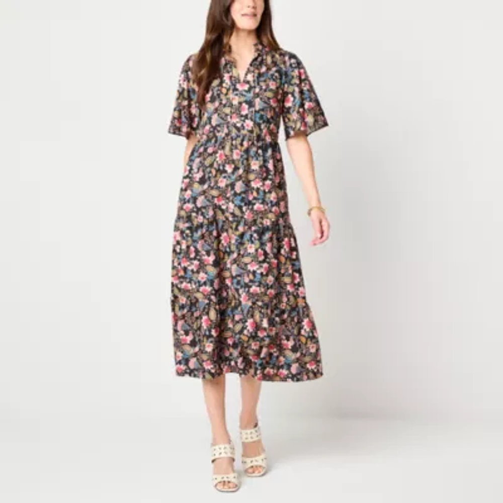 Jessica Howard Womens Short Sleeve Floral Midi Fit + Flare Dress