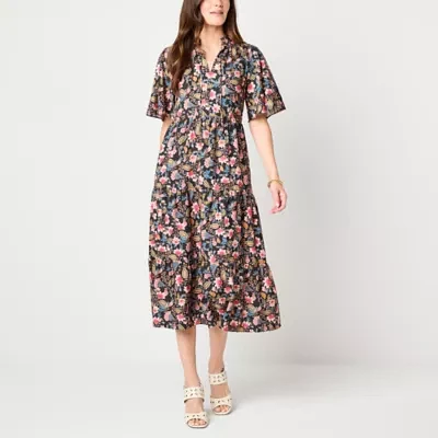 Jessica Howard Womens Short Sleeve Floral Midi Fit + Flare Dress