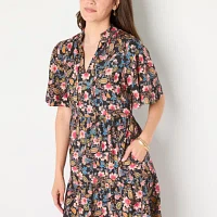 Jessica Howard Womens Short Sleeve Floral Midi Fit + Flare Dress