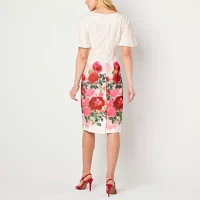 Maya Brooke Womens Short Sleeve Floral Sheath Dress
