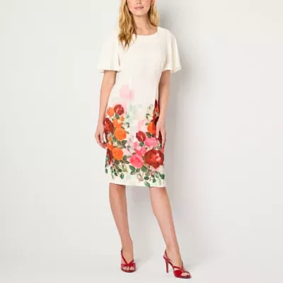 Maya Brooke Womens Short Sleeve Floral Sheath Dress