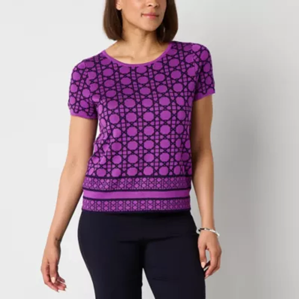 Liz Claiborne Womens Crew Neck Short Sleeve Geometric Pullover Sweater