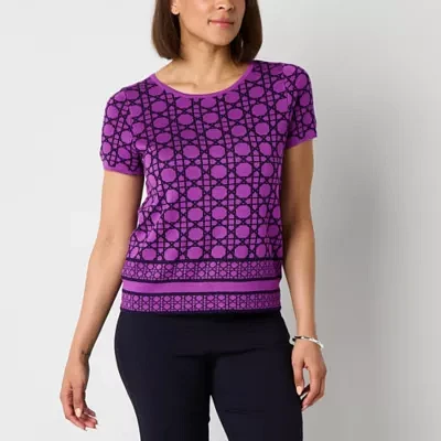 Liz Claiborne Womens Crew Neck Short Sleeve Geometric Pullover Sweater