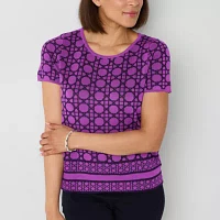 Liz Claiborne Womens Crew Neck Short Sleeve Geometric Pullover Sweater