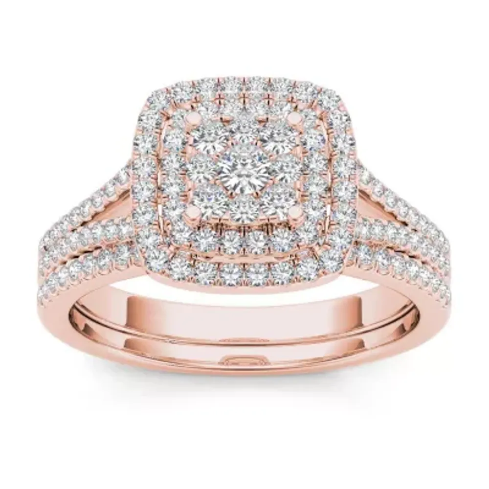Womens 1/ CT. T.W. Natural White Diamond 10K Rose Gold Cushion Side Stone Halo Bridal Set