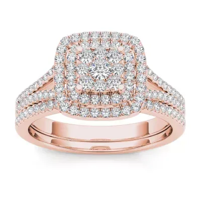 Womens 1/ CT. T.W. Natural White Diamond 10K Rose Gold Cushion Side Stone Halo Bridal Set