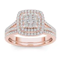 Womens 1/2 CT. T.W. Natural White Diamond 10K Rose Gold Cushion Side Stone Halo Bridal Set