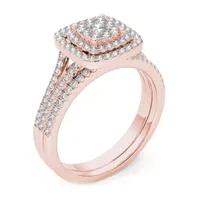 Womens 1/2 CT. T.W. Natural White Diamond 10K Rose Gold Cushion Side Stone Halo Bridal Set