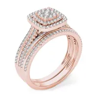 Womens 1/ CT. T.W. Natural White Diamond 10K Rose Gold Cushion Side Stone Halo Bridal Set