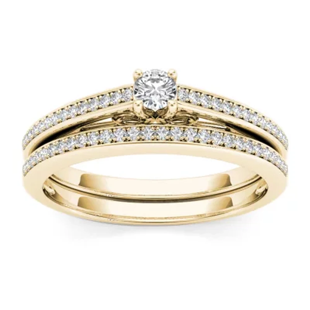 Womens 1 CT. T.W. Natural White Diamond 10K Gold Round Side Stone Bridal Set