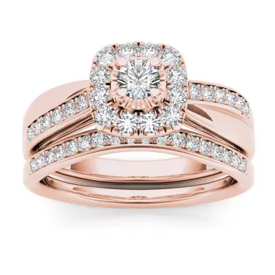 Womens 5/8 CT. T.W. Natural White Diamond 10K Rose Gold Cushion Halo Bridal Set