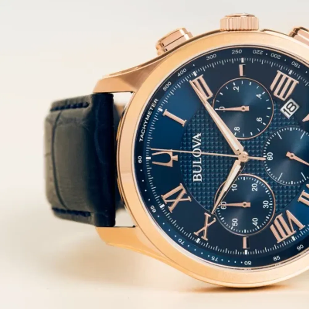 Bulova Wilton Mens Blue Leather Strap Watch 97b170