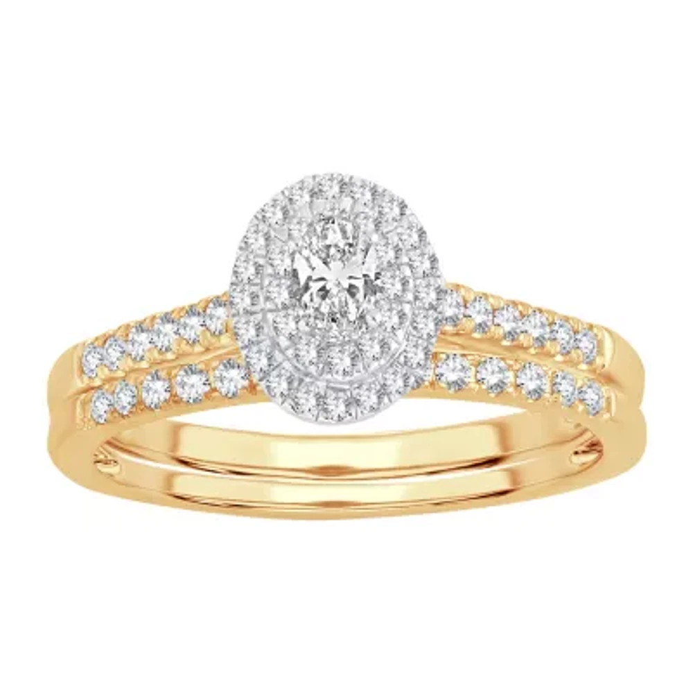 Womens 1/2 CT.T.W. Natural Diamond 10K or 14K Gold Oval Side Stone Halo Bridal Set
