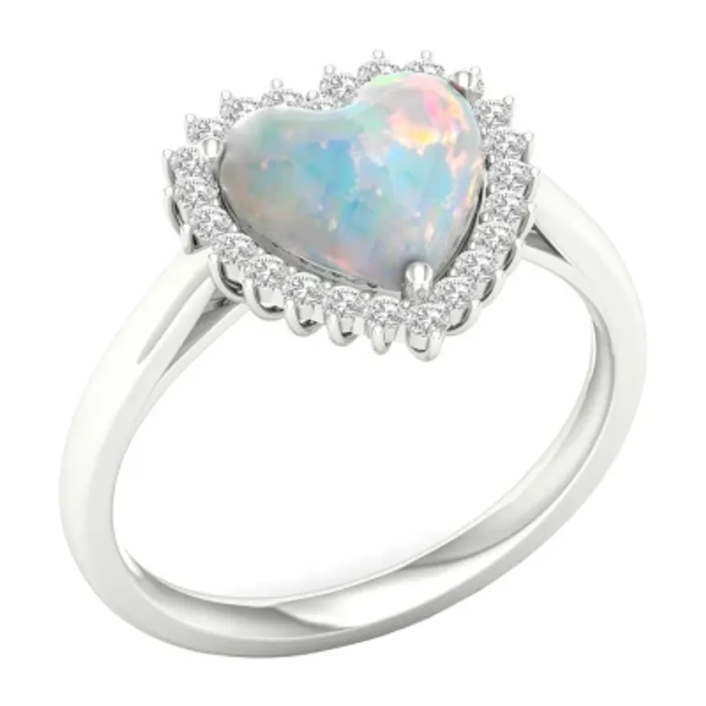 Womens Lab Created White Opal Sterling Silver Heart Cocktail Ring