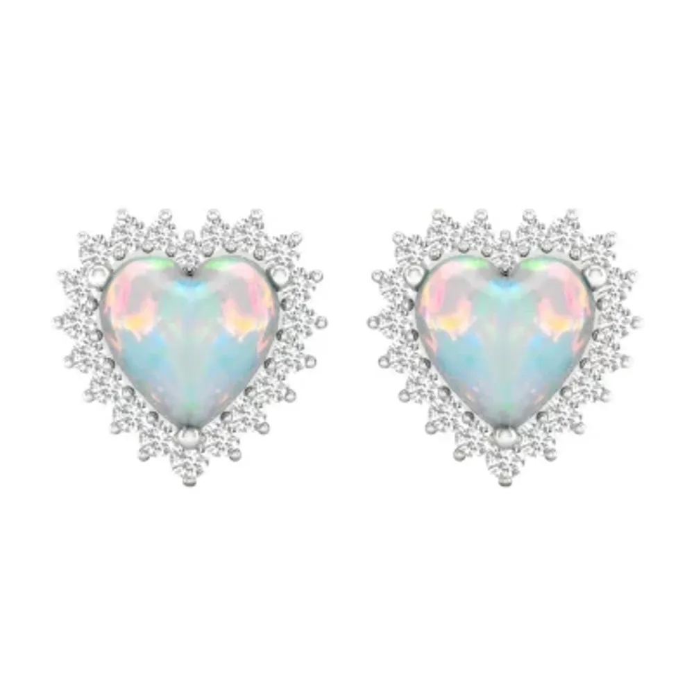 Lab Created White Opal Sterling Silver 11.3mm Heart Stud Earrings