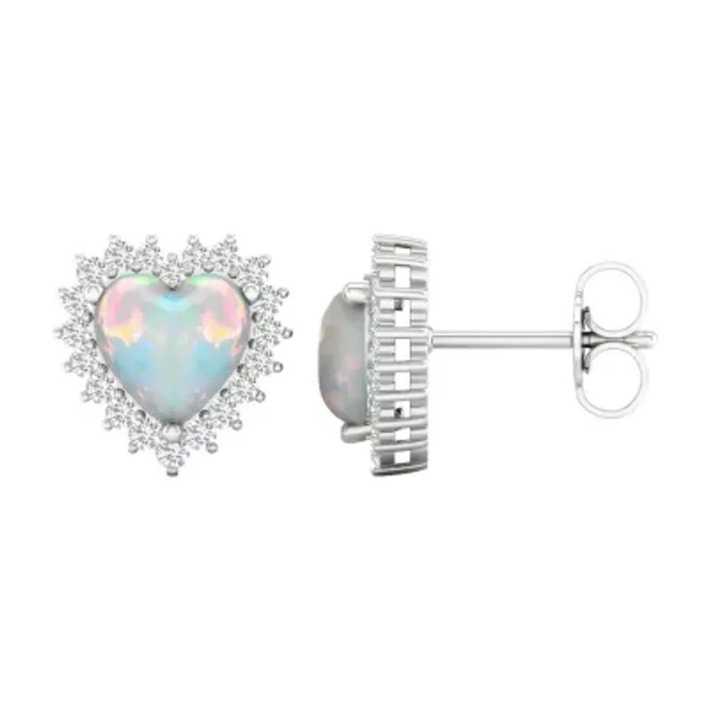 Lab Created White Opal Sterling Silver 11.3mm Heart Stud Earrings