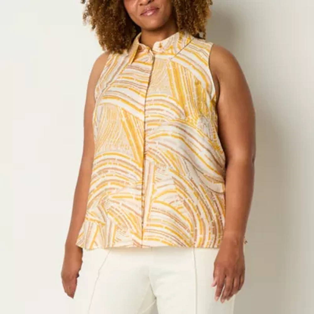 Worthington Plus Womens Sleeveless Regular Fit Button-Down Shirt