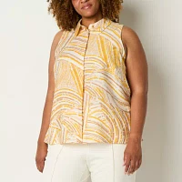 Worthington Plus Womens Sleeveless Regular Fit Button-Down Shirt