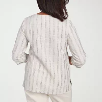 Alfred Dunner Natural Instinct Womens Split Crew Neck 3/4 Sleeve Embroidered Blouse