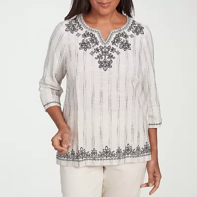 Alfred Dunner Natural Instinct Womens Split Crew Neck 3/4 Sleeve Embroidered Blouse