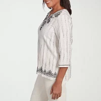 Alfred Dunner Natural Instinct Womens Split Crew Neck 3/4 Sleeve Embroidered Blouse