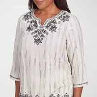 Alfred Dunner Natural Instinct Womens Split Crew Neck 3/4 Sleeve Embroidered Blouse