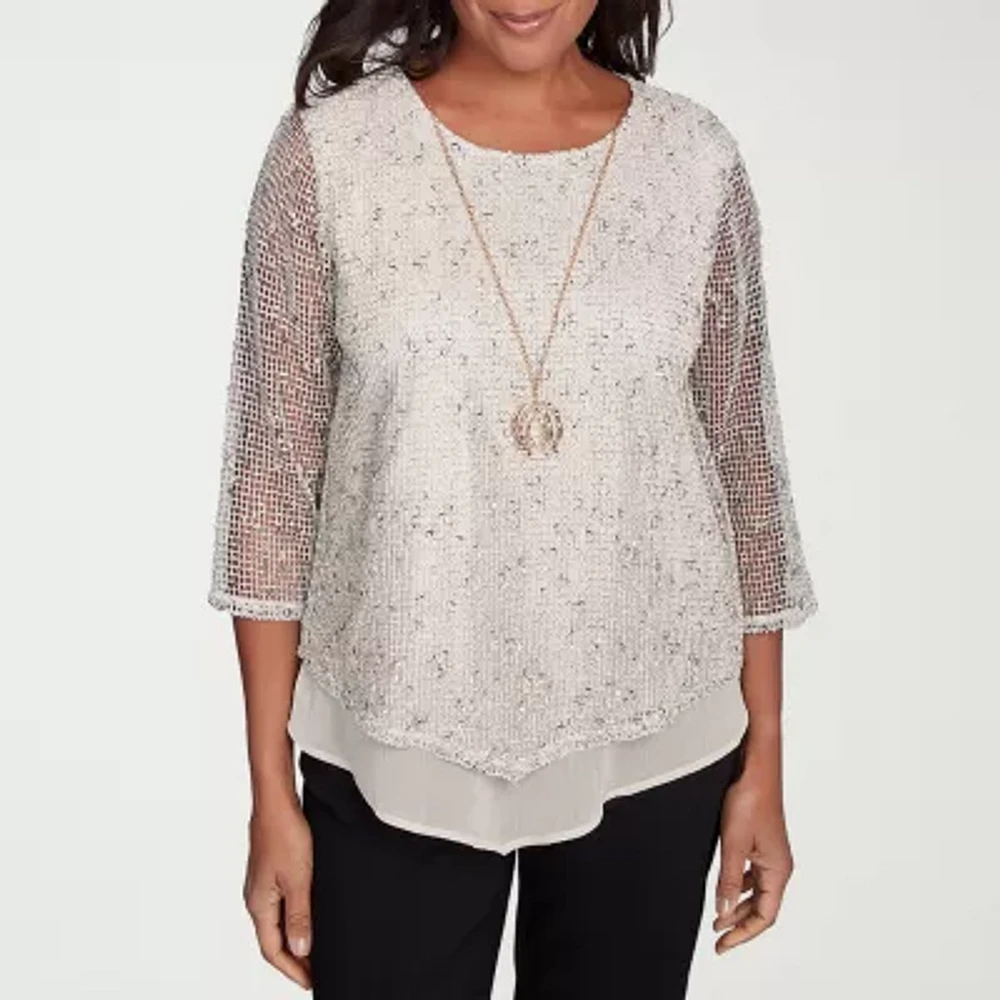 Alfred Dunner Natural Instinct Womens Crew Neck 3/4 Sleeve Blouse