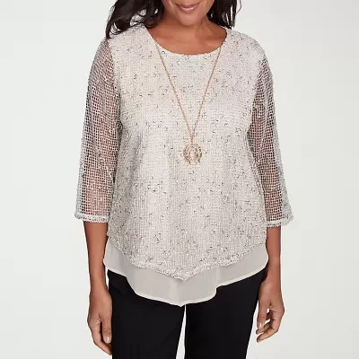Alfred Dunner Natural Instinct Womens Crew Neck 3/4 Sleeve Blouse