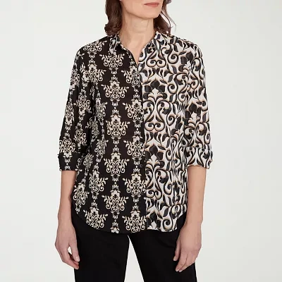 Alfred Dunner Natural Instinct Womens 3/4 Sleeve Button-Down Shirt