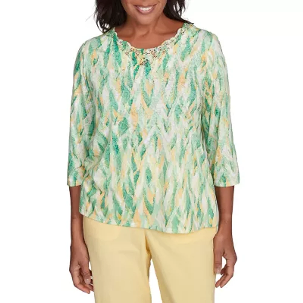 Alfred Dunner Rise And Shine Womens Crew Neck 3/4 Sleeve T-Shirt