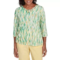 Alfred Dunner Rise And Shine Womens Crew Neck 3/4 Sleeve T-Shirt