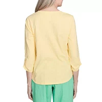 Alfred Dunner Rise And Shine Womens Split Crew Neck 3/4 Sleeve T-Shirt