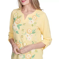 Alfred Dunner Rise And Shine Womens Split Crew Neck 3/4 Sleeve T-Shirt