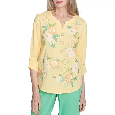Alfred Dunner Rise And Shine Womens Split Crew Neck 3/4 Sleeve T-Shirt