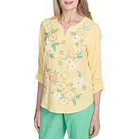 Alfred Dunner Rise And Shine Womens Split Crew Neck 3/4 Sleeve T-Shirt