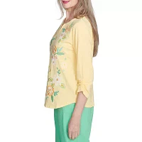 Alfred Dunner Rise And Shine Womens Split Crew Neck 3/4 Sleeve T-Shirt