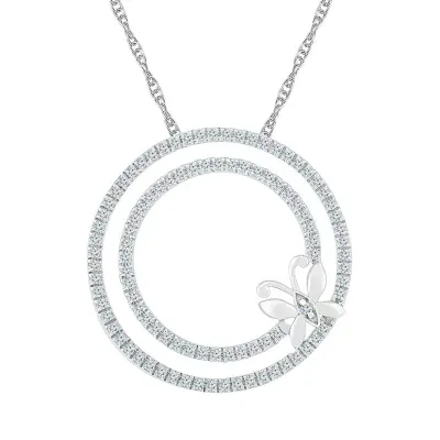 Womens 1/2 CT. T.W. Natural White Diamond 10K White Gold Butterfly Circle Pendant Necklaces