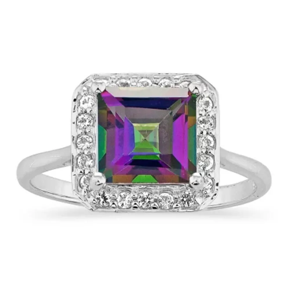 Womens Genuine Green Topaz Sterling Silver Square Halo Cocktail Ring