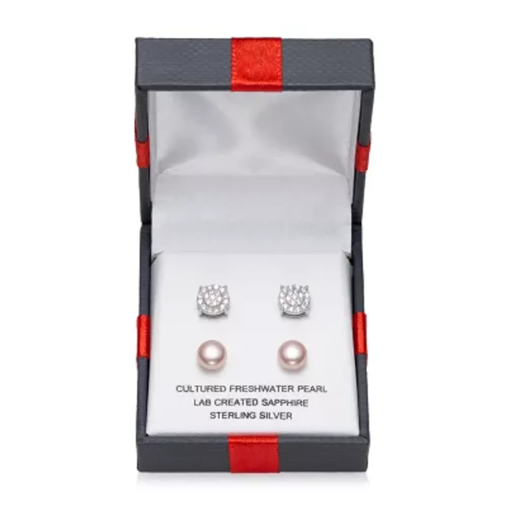 YES PLEASE! 2 Pair Earring Sets With Lab Created White Sapphire and Pink Cultured Freshwater Pearl Stud Earrings in Sterling Silver