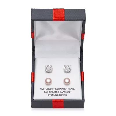 YES PLEASE! 2 Pair Earring Sets With Lab Created White Sapphire and Pink Cultured Freshwater Pearl Stud Earrings in Sterling Silver