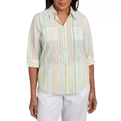 Alfred Dunner Rise And Shine Womens 3/4 Sleeve Button-Down Shirt