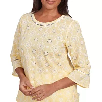 Alfred Dunner Rise And Shine Womens Crew Neck 3/4 Sleeve Embroidered Blouse
