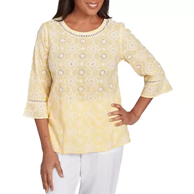 Alfred Dunner Rise And Shine Womens Crew Neck 3/4 Sleeve Embroidered Blouse