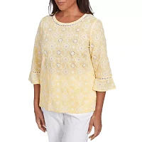 Alfred Dunner Rise And Shine Womens Crew Neck 3/4 Sleeve Embroidered Blouse