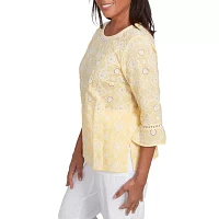 Alfred Dunner Rise And Shine Womens Crew Neck 3/4 Sleeve Embroidered Blouse